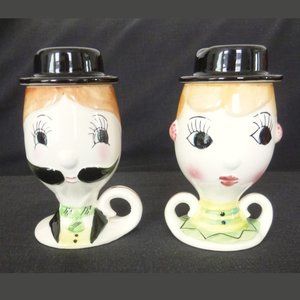 Vintage Ceramic Novelty MIJ Set of 2 Cups Mugs with Lids Man Woman Mom Dad Japan